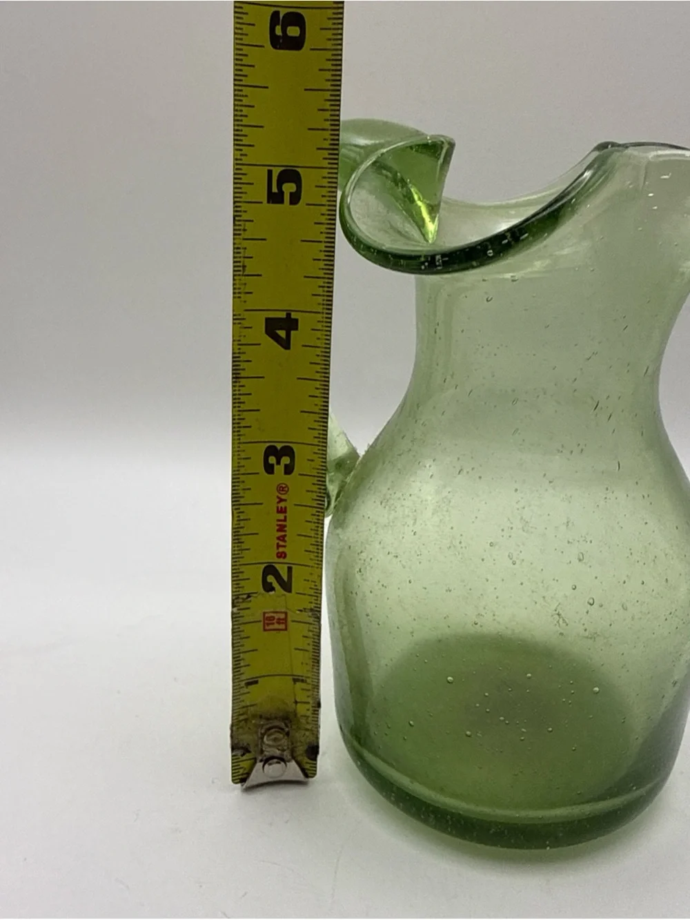Vintage Hand Blown Green Bubble Glass Pitcher Vase Jamestown Virginia Glasshouse